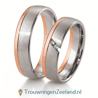 Trouwringen in 8*/14/18 karaat bicolour witgoud met ros&eacute;goud met in de damesring 2 diamanten per paar