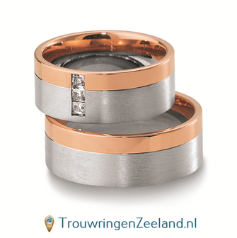 Trouwringen in 8*/14/18 karaat bicolour witgoud met ros&eacute;goud met in de damesring 3 diamanten per paar