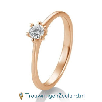 Verlovingsring ros&eacute;goud 6 punt zetting met 0,25 ct diamant standaard in 14 of 18 karaat 