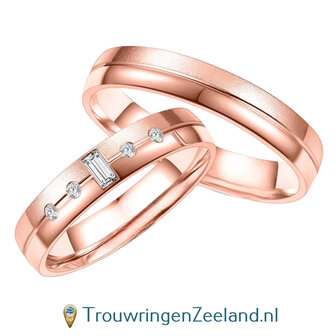 Trouwringen in 8*/14/18 karaat ros&eacute;goud met in de damesring 5 diamanten per paar