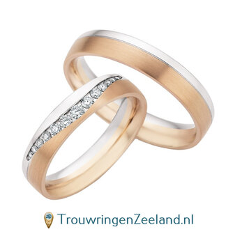 Trouwringen in 14 karaat champagne goud mat en witgoud glans met 13 diamanten per paar 