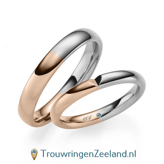 Trouwringen in 14/18 karaat witgoud halve ring en ros&eacute;goud halve ring glans met geslepen hart zonder diamant in de damesring