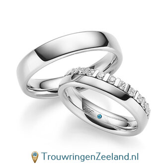 Trouwringen in 14/18 karaat ros&eacute;goud glans met een kroonzetting van 12 diamanten - halve ring -  in de damesring