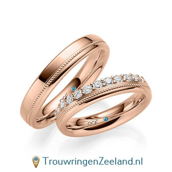 Trouwringen in 14/18 karaat ros&eacute;goud glans met parelrand en een kroonzetting van 12 diamanten - halve ring -  in de damesring