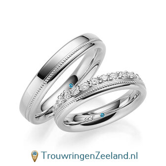 Trouwringen in 14/18 karaat ros&eacute;goud glans met parelrand en een kroonzetting van 12 diamanten - halve ring -  in de damesring