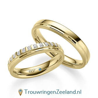 Trouwringen in 14/18 karaat ros&eacute;goud glans met 2 groeven en een kroonzetting van 14 diamanten - halve ring - in de damesring