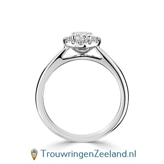 Verlovingsring platina type Halo rond met midden diamant van 4,5 mm 0,33 ct en rondom 12 kleinere diamanten