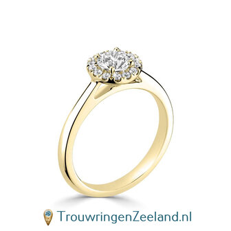 Verlovingsring in 14 karaat geelgoud type Halo rond met midden diamant van 4,5 mm 0,33 ct en rondom 12 kleinere diamanten