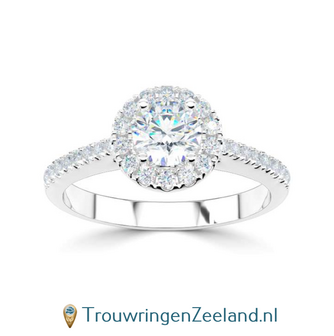 Verlovingsring platina type Halo rond met midden diamant van 4,5 mm 0,33 ct en rondom 12 kleinere diamanten