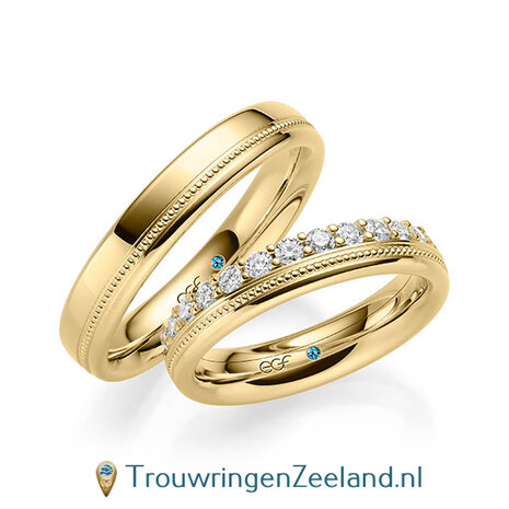 Trouwringen in 14/18 karaat witgoud glans met parelrand en een kroonzetting van 12 diamanten - halve ring -  in de damesring