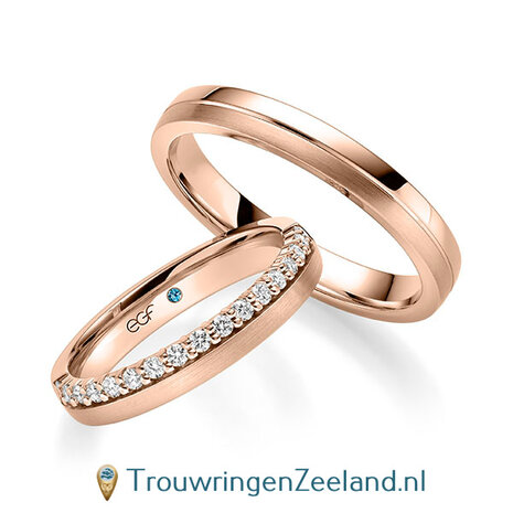 Trouwringen in 14/18 karaat witgoud mat en glans met een kroonzetting van 17 diamanten - halve ring - in de damesring