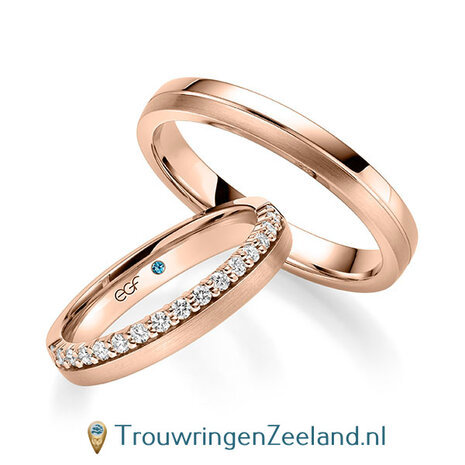 Trouwringen in 14/18 karaat roségoud mat en glans met een kroonzetting van 17 diamanten - halve ring - in de damesring
