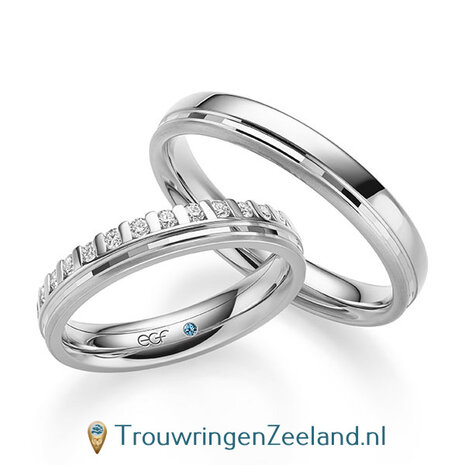 Trouwringen in 14/18 karaat geelgoud glans met 2 groeven en een kroonzetting van 14 diamanten - halve ring - in de damesring