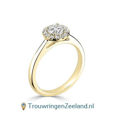 Verlovingsring in 14 karaat geelgoud type Halo rond met midden diamant van 4,5 mm 0,33 ct en rondom 12 kleinere diamanten