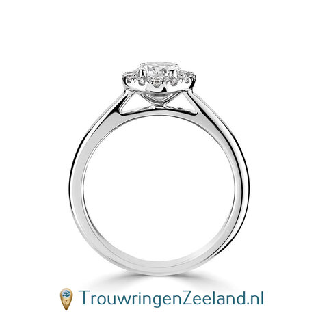 Verlovingsring in 14 karaat witgoud type Halo rond met midden diamant van 4,5 mm 0,33 ct en rondom 12 kleinere diamanten