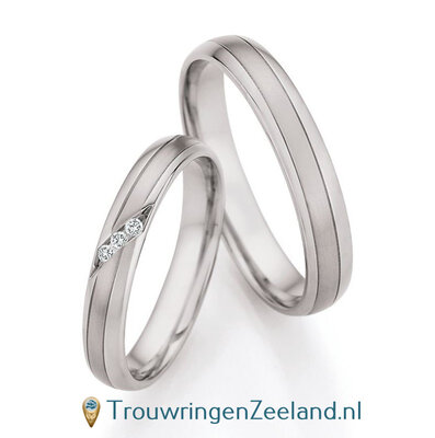 Trouwringen in palladium 500/950 golvend glans en mat met 3 diamanten schuin gezet