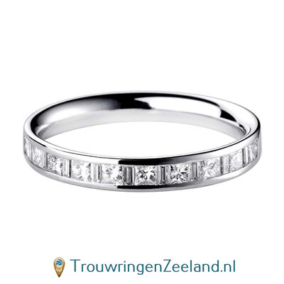 Aanschuifring in 9/18 karaat witgoud of platina 950 Vlakke-vorm met 19 diamanten baguette en princess geslepen